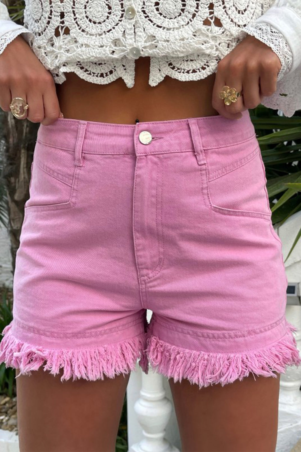 Roze gerafelde rand mid-rise denim shorts