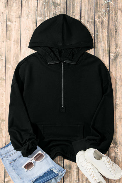 Zwarte massieve kangoeroe -zak half ritssluiting oversized hoodie