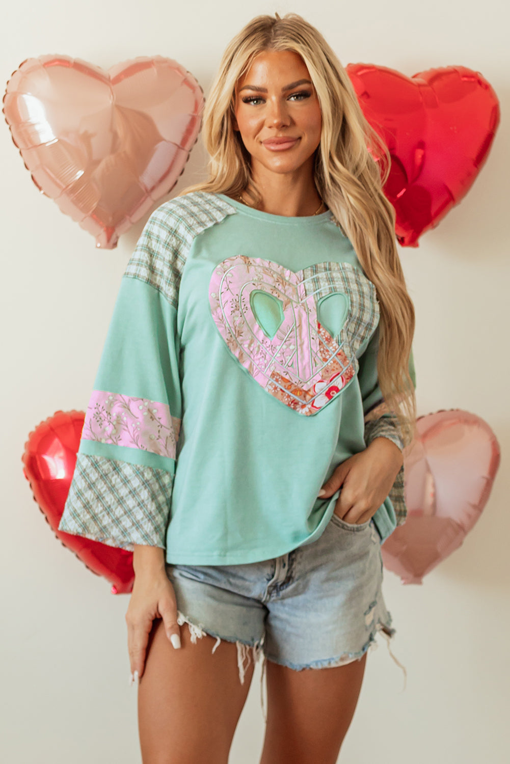 Clearly Aqua Plaid Floral Peace Heart Graphic Wide Long Sleeve Top