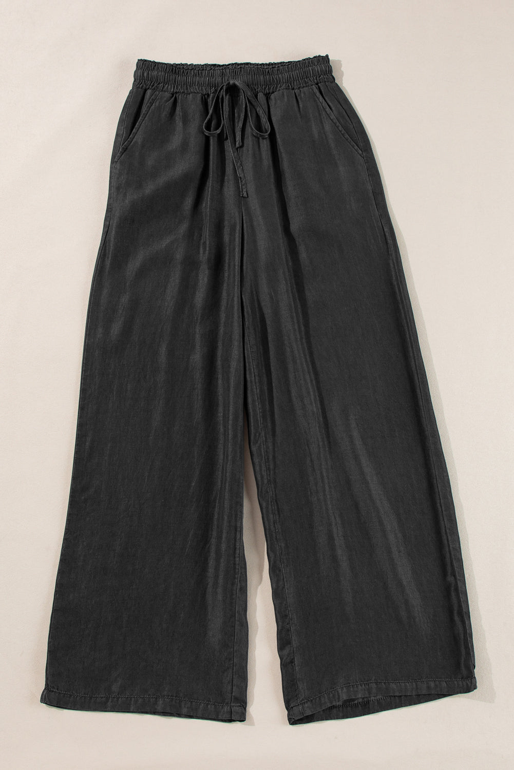 Black Drawstring High Taille Wide Leg Denim Pants