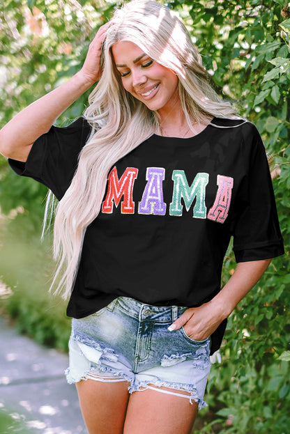 Black MAMA Chenille Patched Crew Neck T Shirt