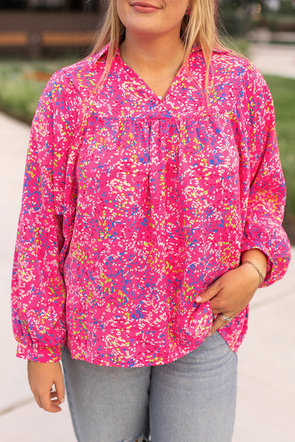 Paarse plus-size bloemenprint blouse met pofmouwen en V-hals