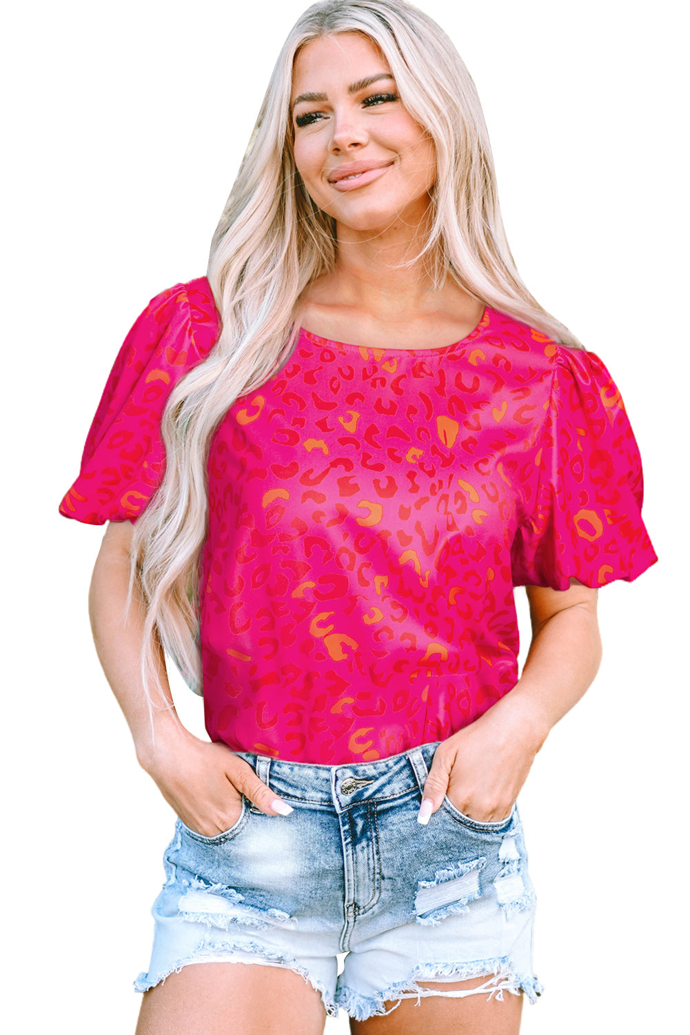 Top met roze luipaardprint en pofmouwen