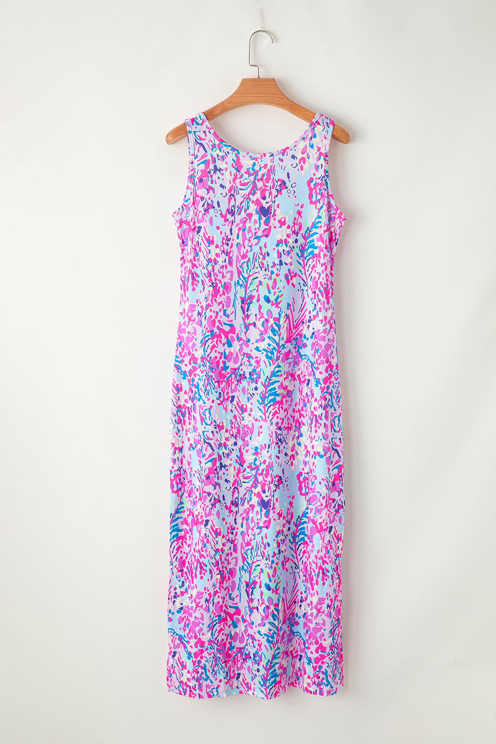 Paarse mouwloze maxi-jurk met abstracte bloemenprint