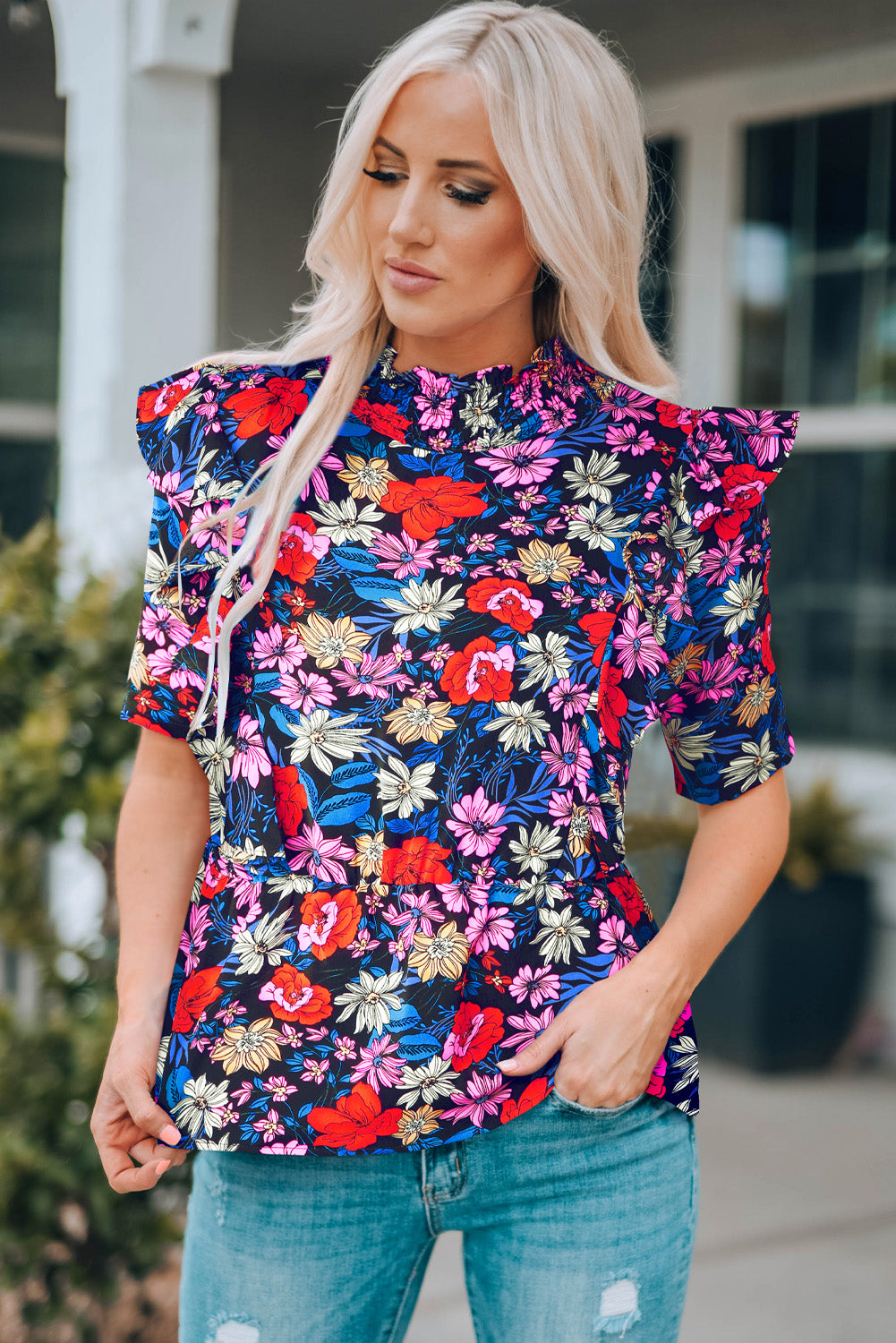 Blauwe bloemenprint ruches peplum top