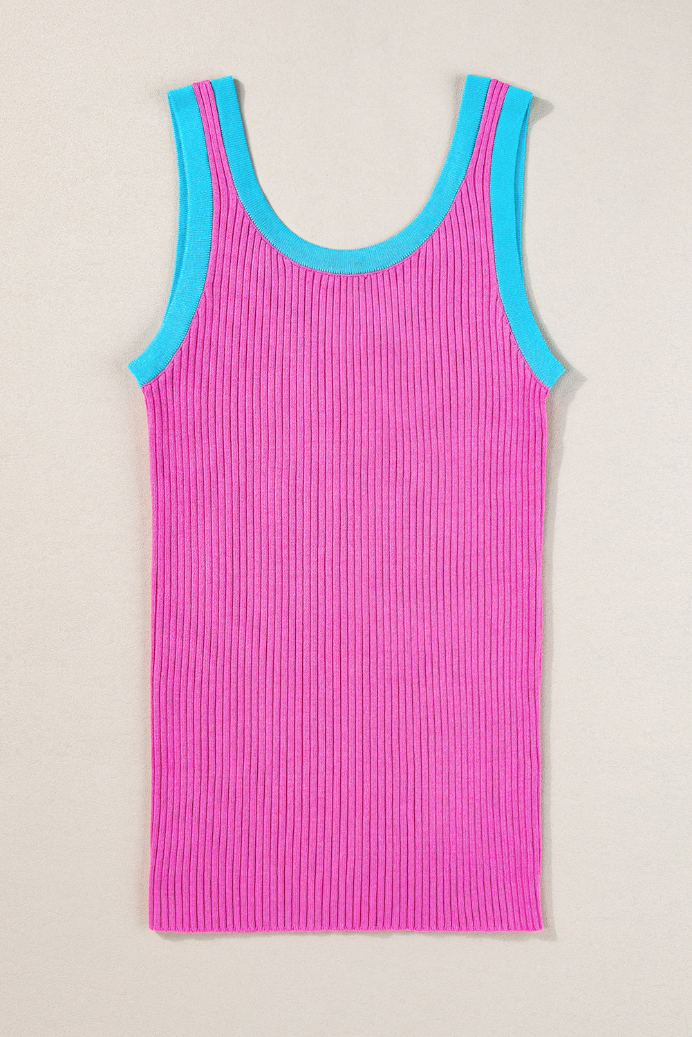 Felroze geribbelde tanktop met U-hals en colorblockrand