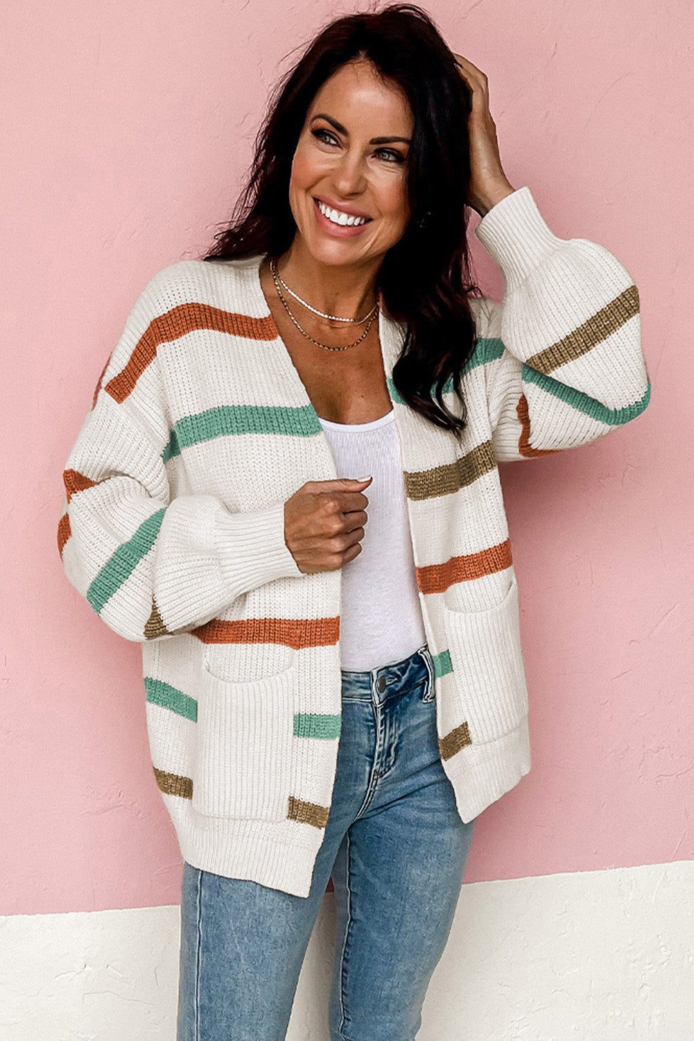 Beige Drop Shoulder Pocketed Stripe Sweater Cardigan