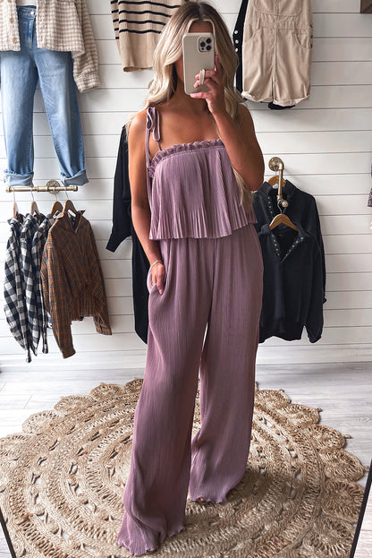 Rose Tan effen zelfgebonden bandjes geplooide jumpsuit met wijde pijpen