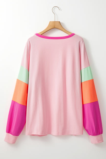 Roze Colorblock Patchwork Lange Mouw Plus Size Top