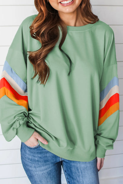 Moonlight Jade Regenboog Gestreepte Mouw Ronde Hals Losse Sweatshirt