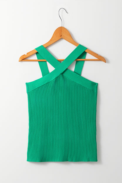 Dark Green Ribbed Criss Cross Halter Neck Sheath Sweater Tank Top