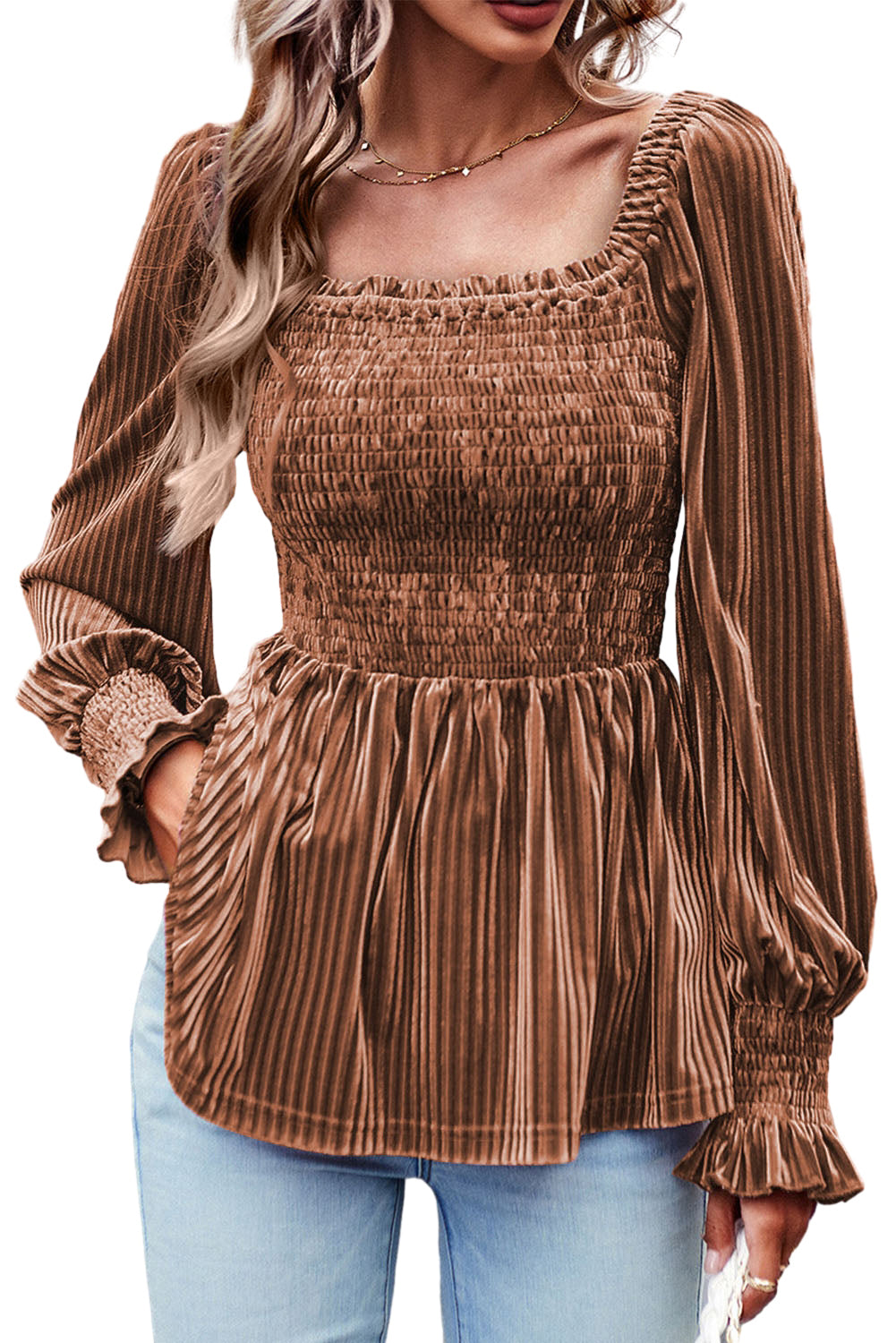 Chestnut Smocked Ribbed Velvet Babydoll Top