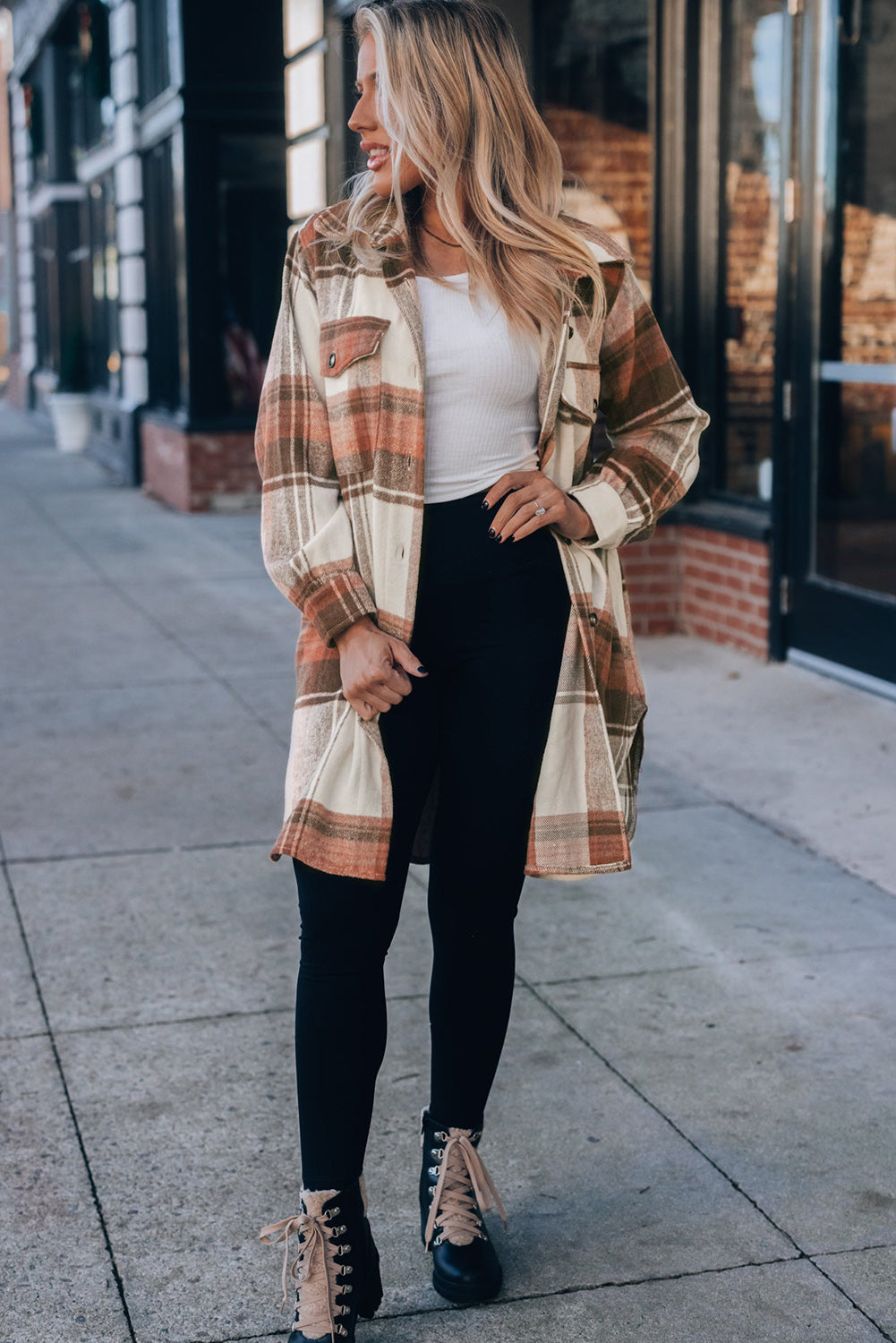 Brown Plaid Print Flap Pockets Long Shacket