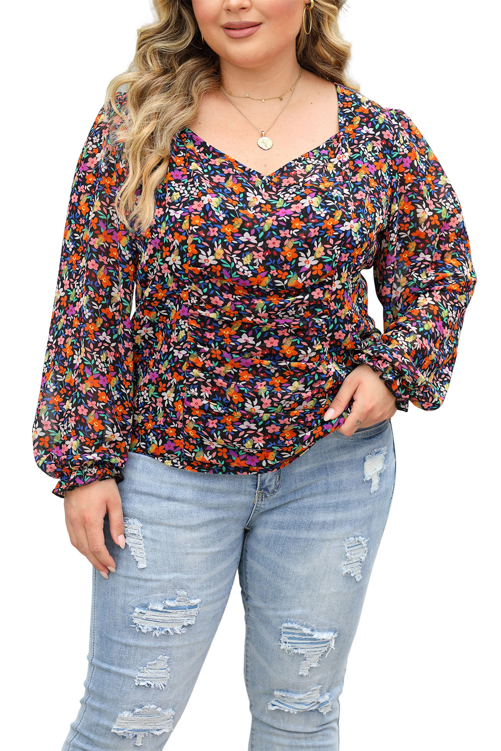 Zwarte grote maat bloemenblouse met V-hals en bubbelmouwen