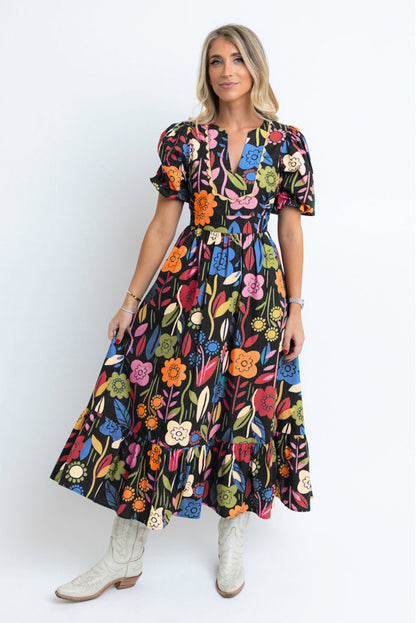 Zwarte maxi-jurk met retro bloemenprint en splithals