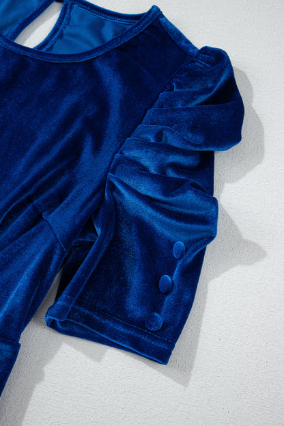 Sail Blue Velvet Gerimpelde Mini-jurk met Korte Mouwen en Zakken