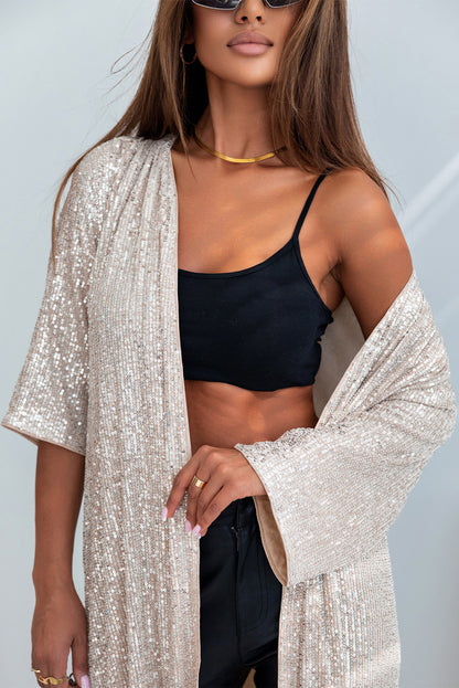 Abrikoos pailletten 3/4 mouw open voorkant Duster Kimono