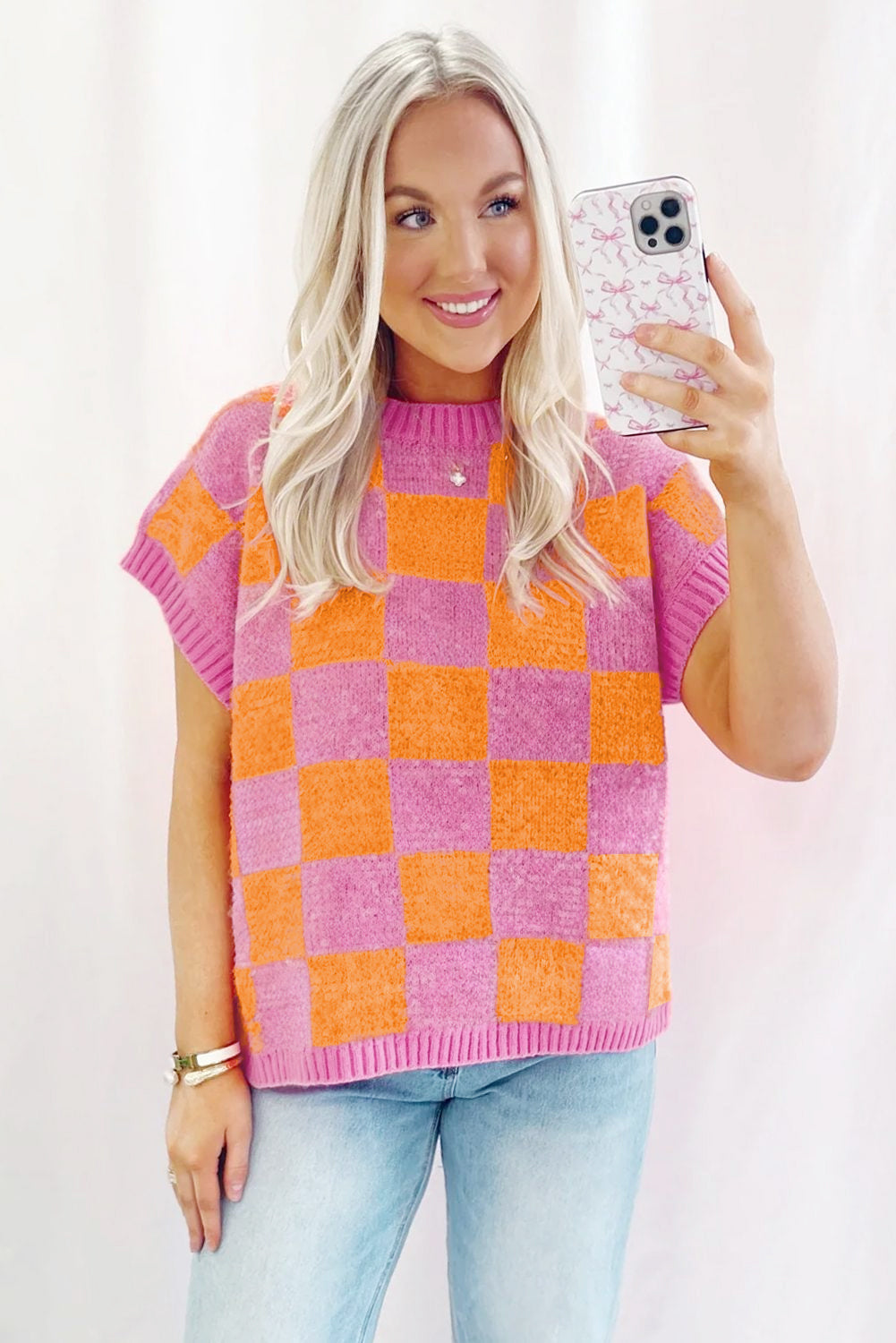 Aardbeienroze colorblock geruite tanktop met geribbelde rand