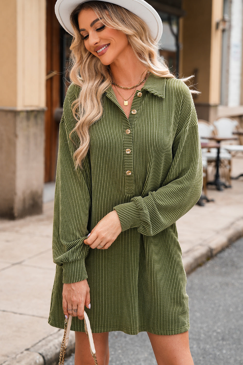 Mos groene snoer knoppen placket druppel schouder collared shift jurk