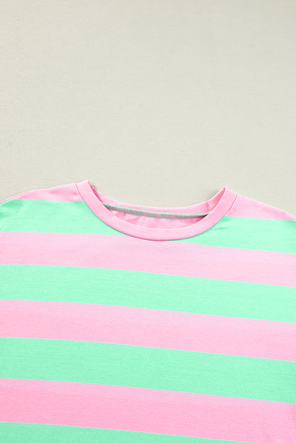 Roze gestreept los T-shirt met colorblock mouwen en manchetten