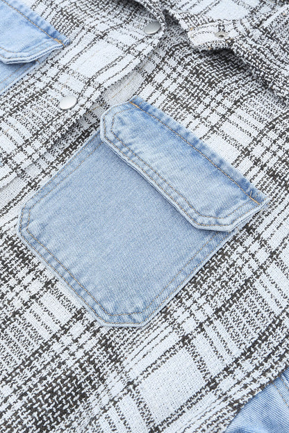 Hemelsblauw geruit patchwork denim jasje met franjes en klepzakken