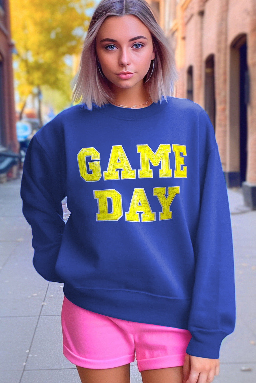 Dark Blue Game Day Crew Neck grafische pullover sweatshirt