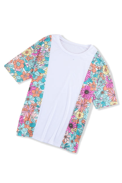 Witte bloemenprint patchwork top met korte mouwen