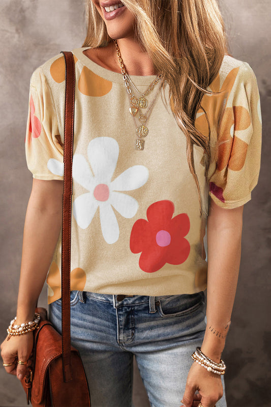 Abrikoos bloemenprint T-shirt met bubbelmouw