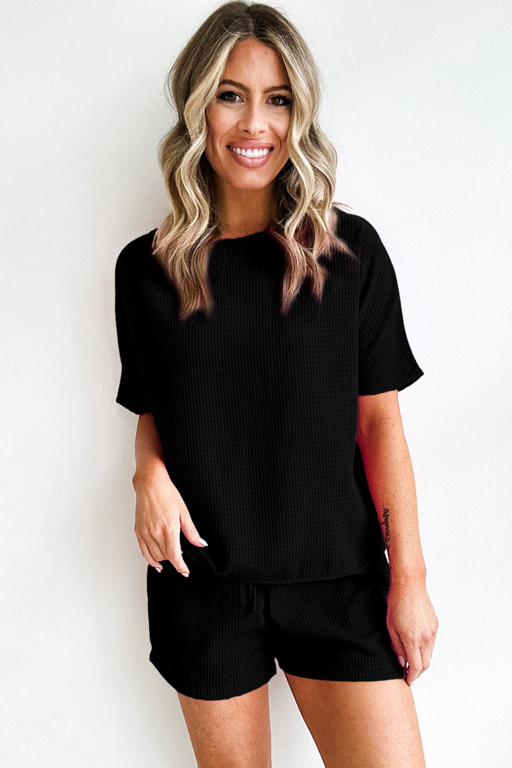 Black Casual Textured Tee and Drawstring Shorts Set