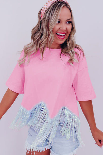 Roze cropped T-shirt met pailletten en franjes