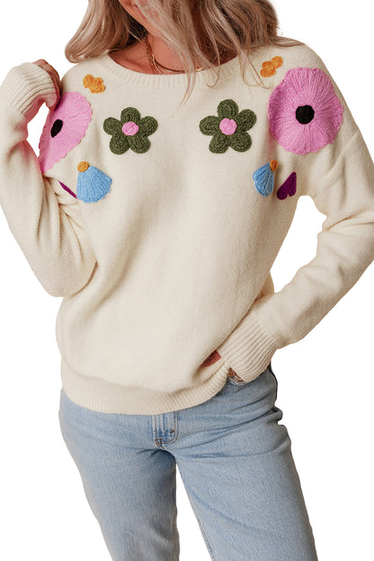 Beige Knitted Flower Pattern Ribbed Edge Sweater