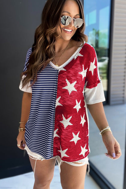 Blue Stripes Stars Print Knit Short Sleeves Top