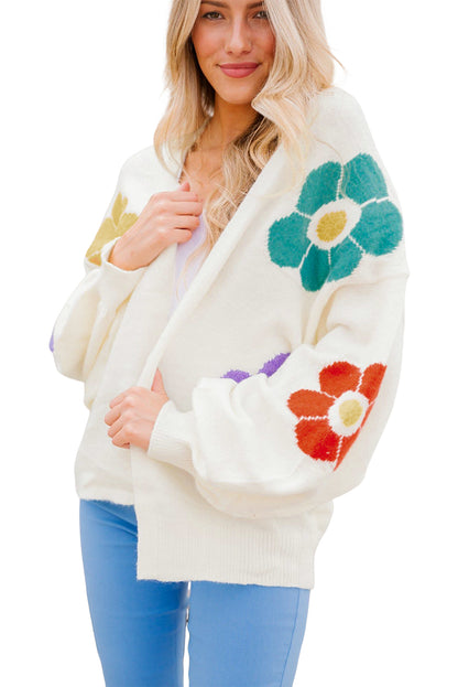 Witte bloem jacquard open vest met bubbelmouwen