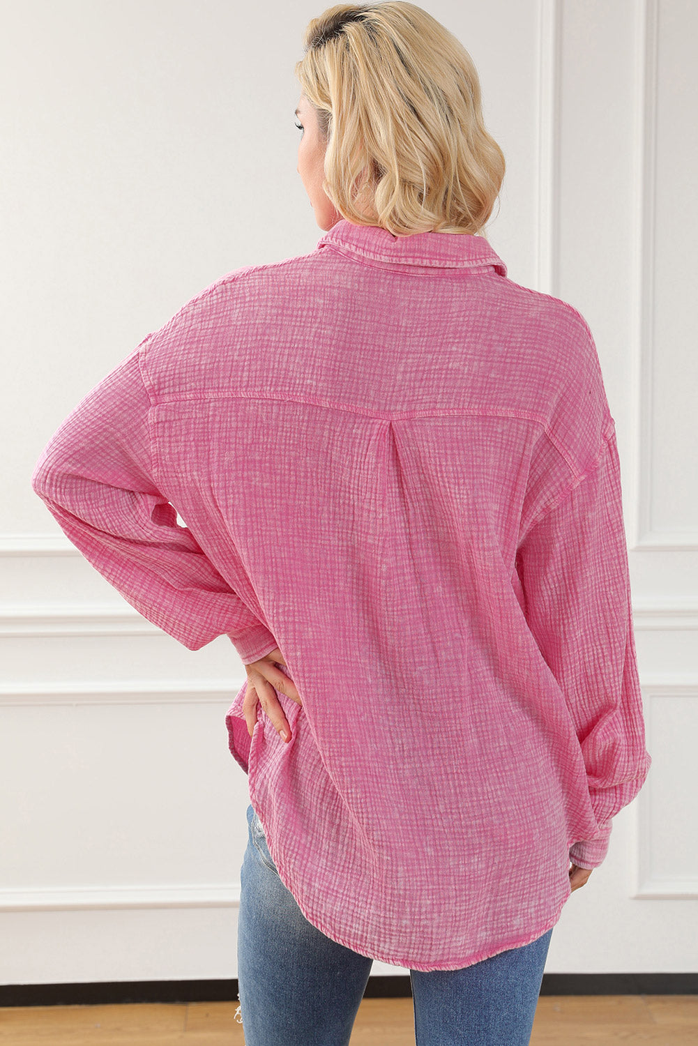 Pink Mineral Wash Crinkle Textured Chest Pockets Shirt