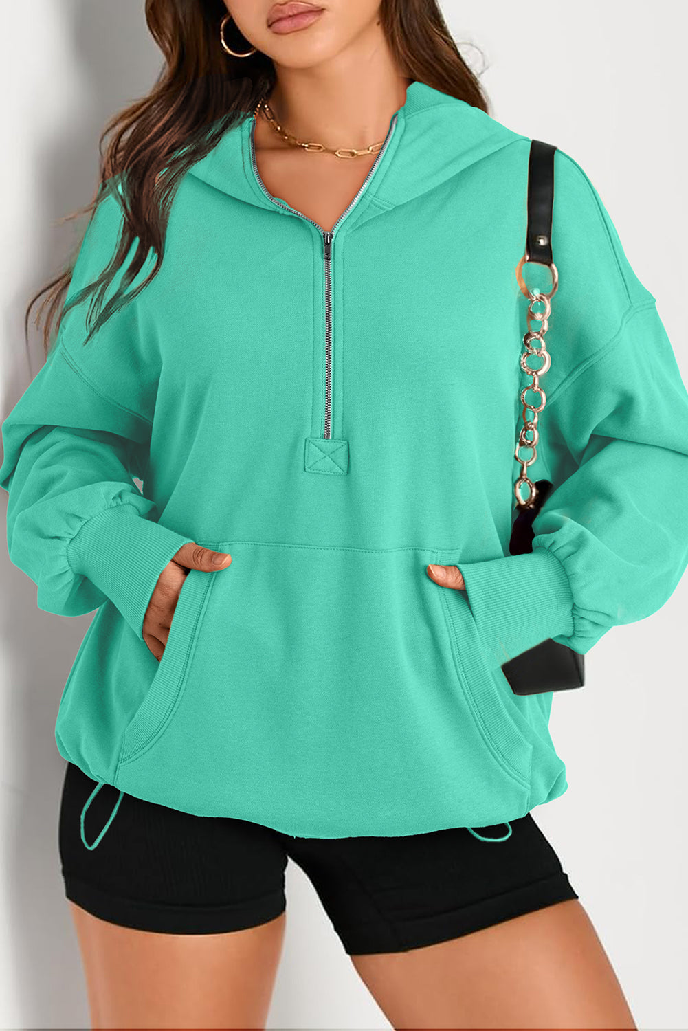 Orange Solid Kangaroo Pocket Half Zipper Oversized Hoodie