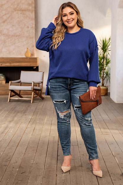 Blauw Grote maten wafelgebreide oversized top met zichtbare naden