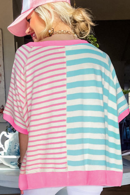 Oversized T-shirt met roze strepen en contrasterende patchwork