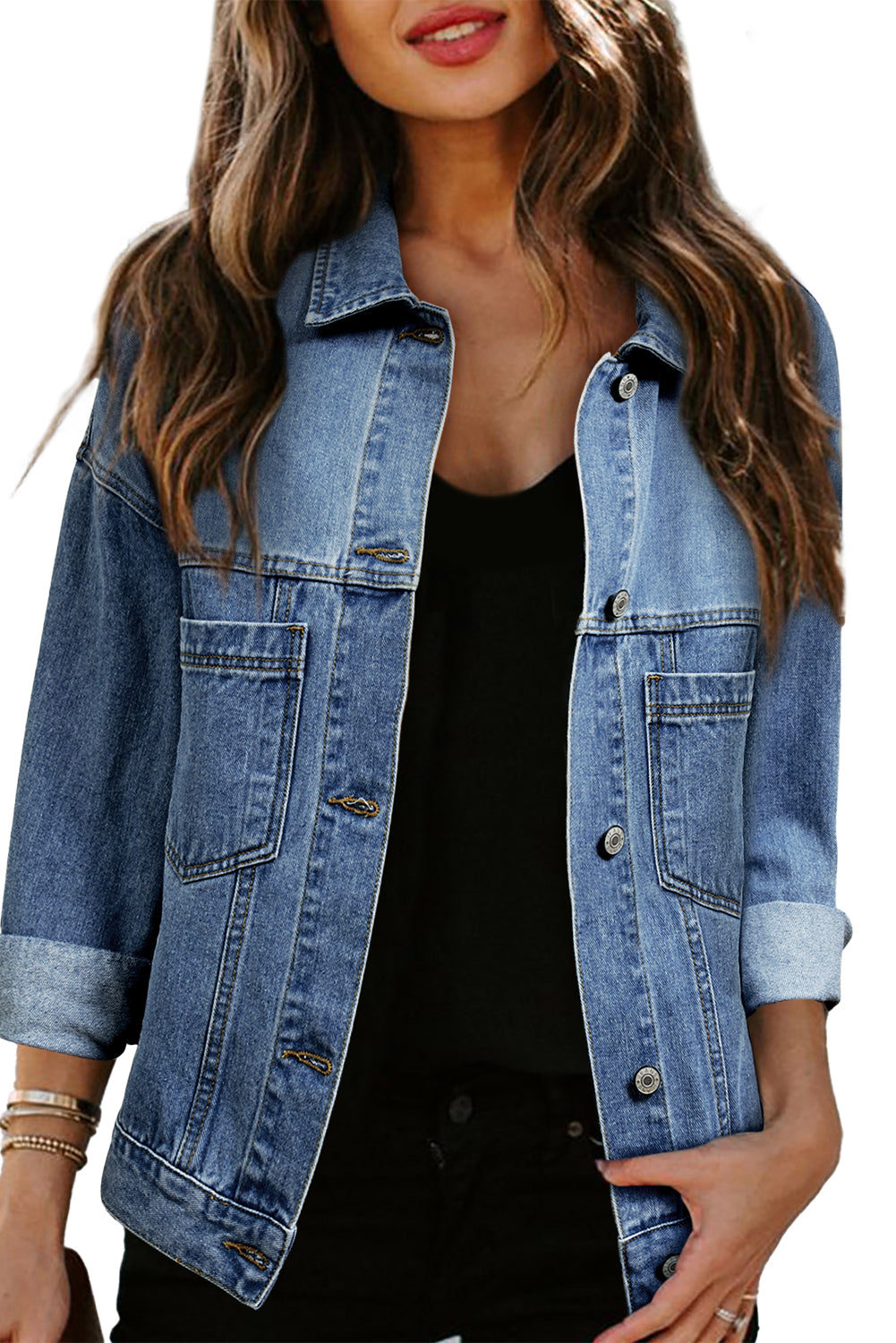 Lichtblauw gewassen oversized denim jack met zakken