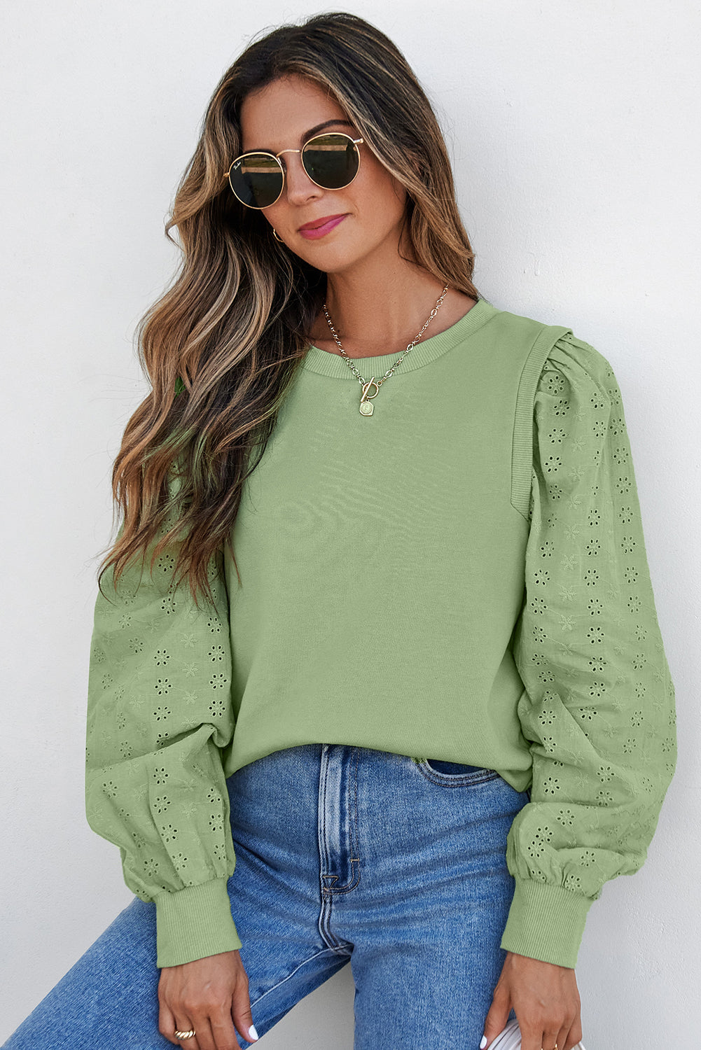 Mist Green Solid Patchwork Sleeve Round Neck Sweatshirt