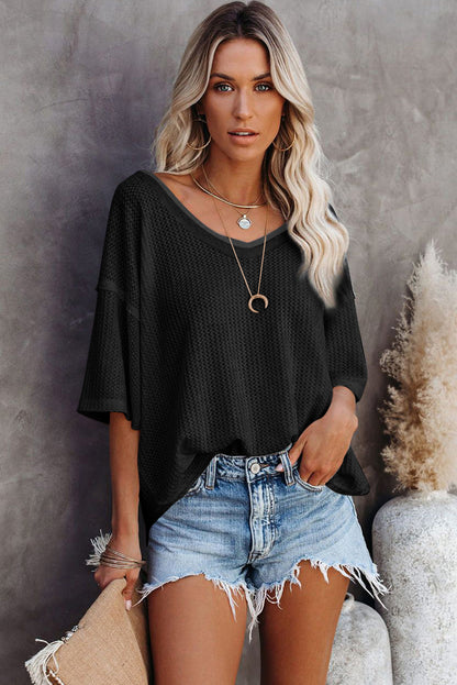 Black Waffle Knit Drop Shoulder Loose Top