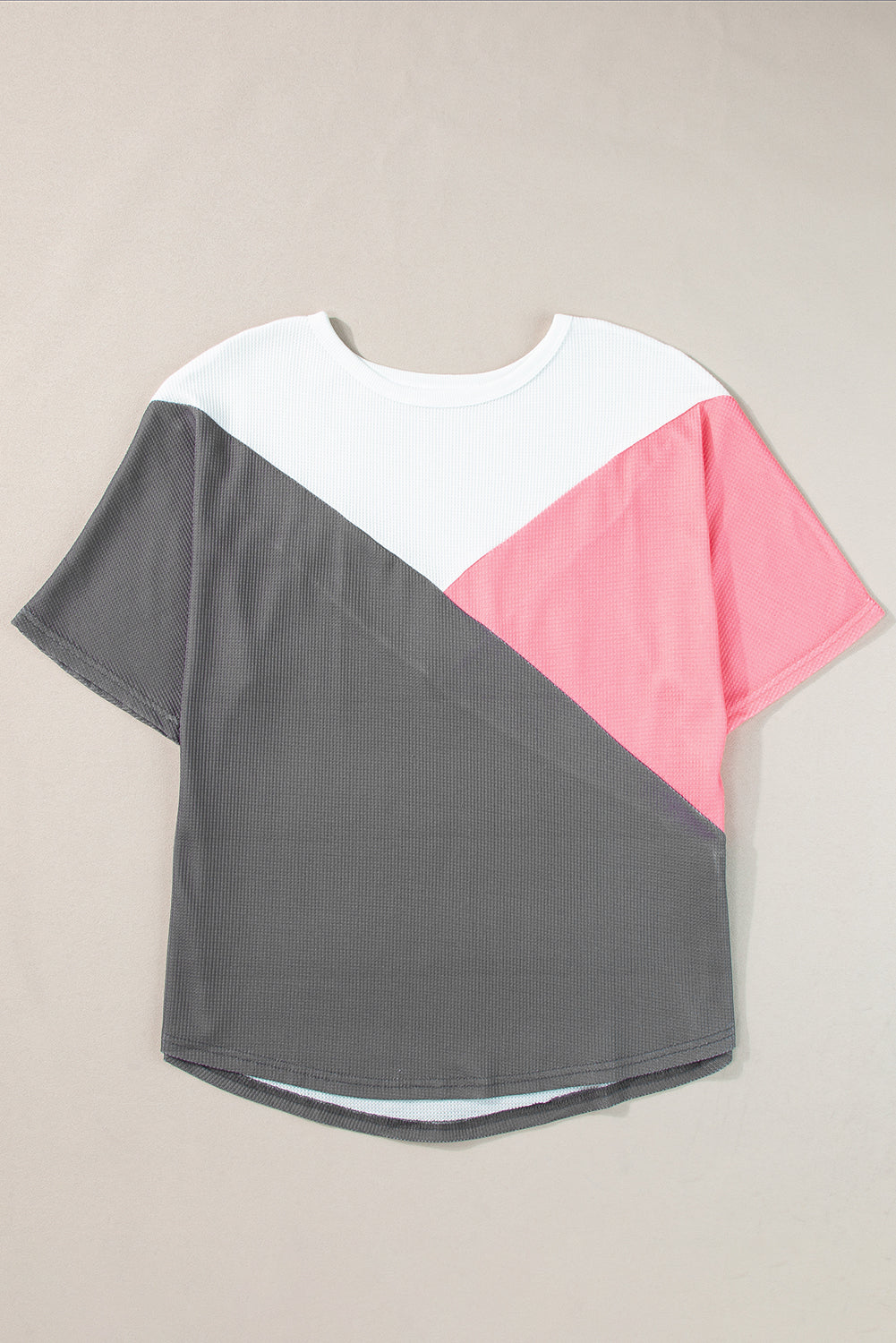 Aardbeienroze colorblock wafelgebreid T-shirt met halve mouwen