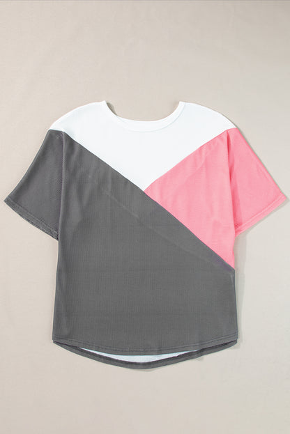 Aardbeienroze colorblock wafelgebreid T-shirt met halve mouwen