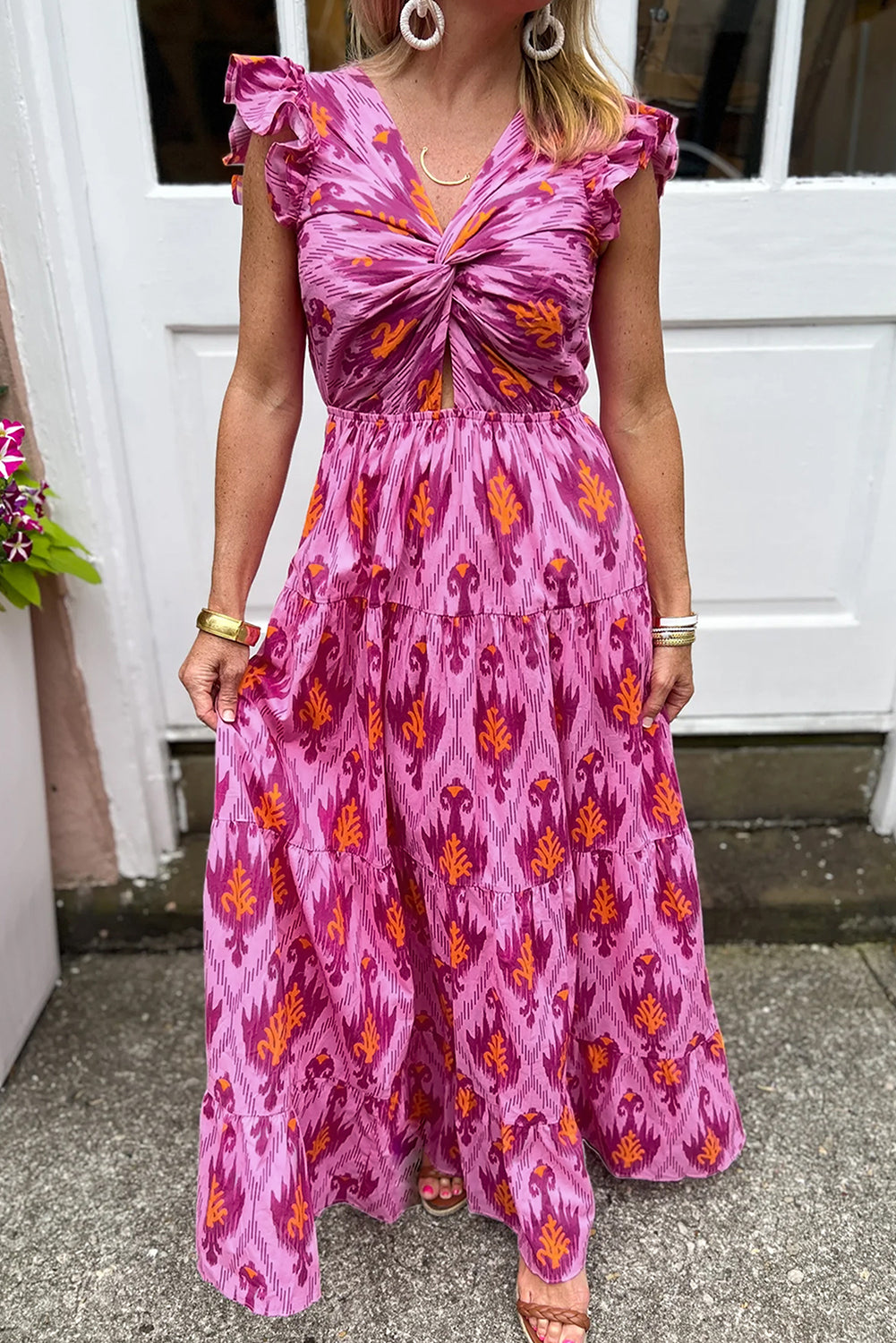 Bonbon maxi-jurk met retro print, gedraaide voorkant en ruches aan de mouwen