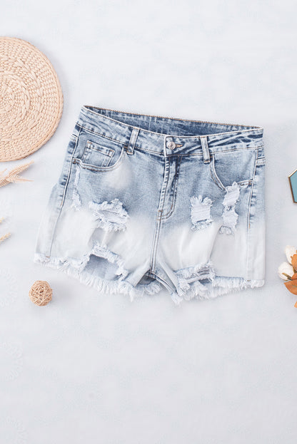 Hemelsblauwe gebleekte denim denim shorts met wassing