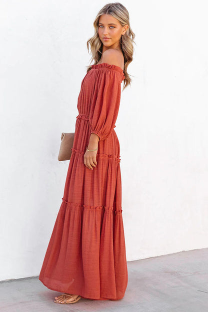 Oranje off-shoulder ballonmouwen uitgesneden maxi-jurk met ruches