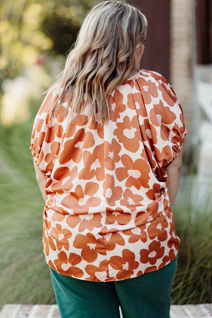 Oranje grote maat bloemenprint met trekkoord en V-hals, blouse met korte mouwen