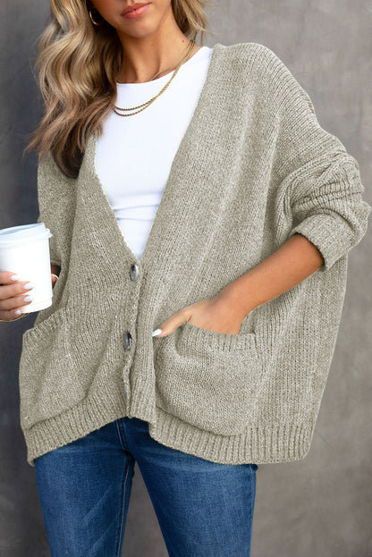 Gray Buttons Front Pocketed Sweater Cardigan