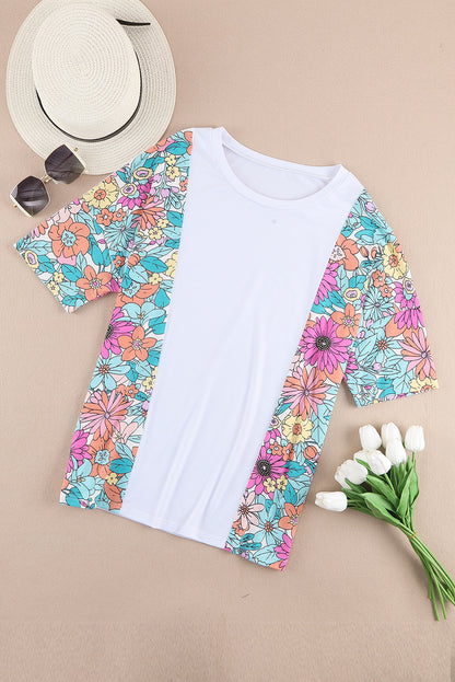 Witte bloemenprint patchwork top met korte mouwen