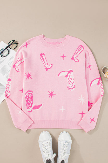 Pink Western Cowboy Boot Sweater