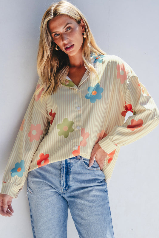 Abrikozenstreep Bloemprint Collared button-up Losse fit shirt